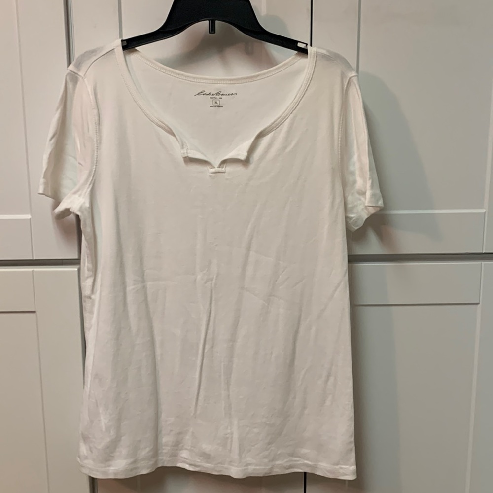 Eddie Bauer white boat neck top. NWOT. 100% Cotton with tab detail on front.